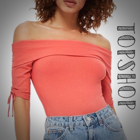 Topshop Tops - 🔥Off Shoulder Coral Cinch Sleeve Bodysuit